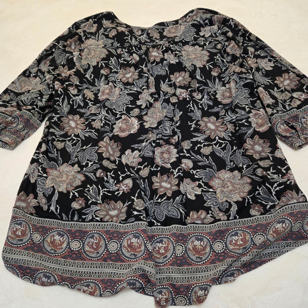 Lucky Brand Womens 3X Floral Henley Tunic Top 3/4 Sleeve Black Boho Viscose‎ - Picture 11 of 16